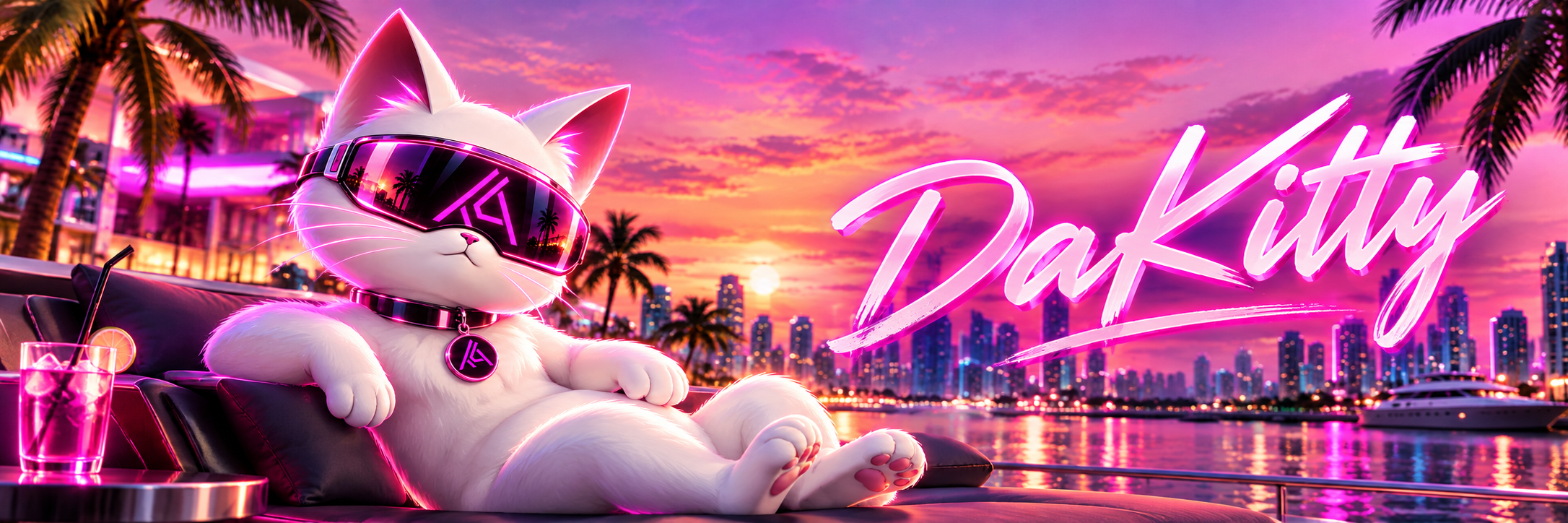 DaKitty, a white cat in a magenta visor, reclining on a waterfront lounge at sunset