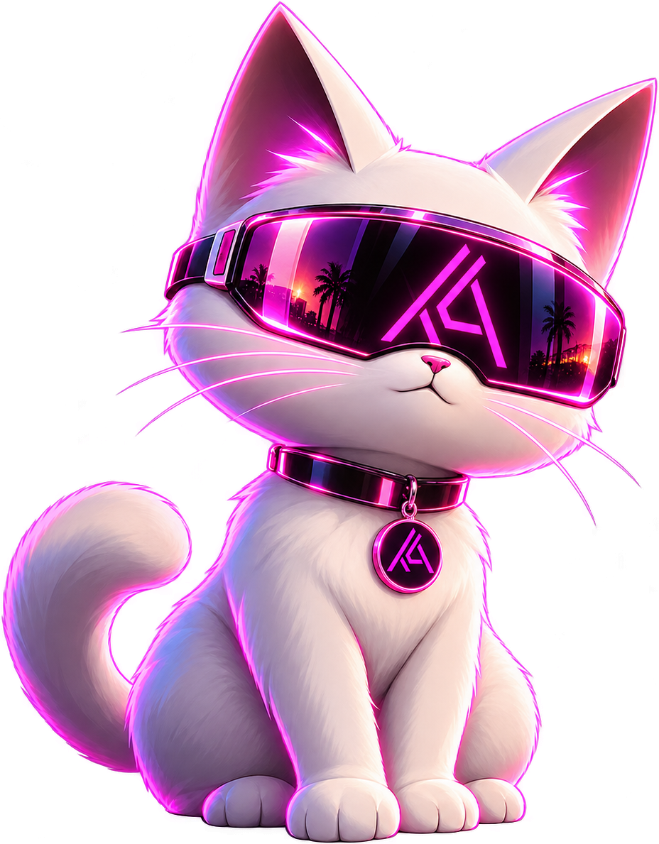 DaKitty, a fluffy white cat wearing futuristic visor sunglasses and a magenta pendant